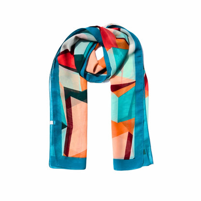 Retro geometric chiffon-style scarf in teal, orange and white tones