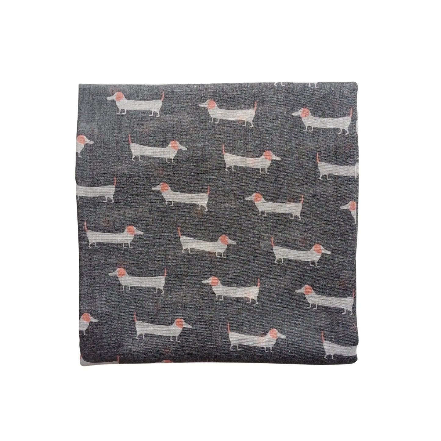 Charcoal grey sausage dog scarf with dachshund print on white background