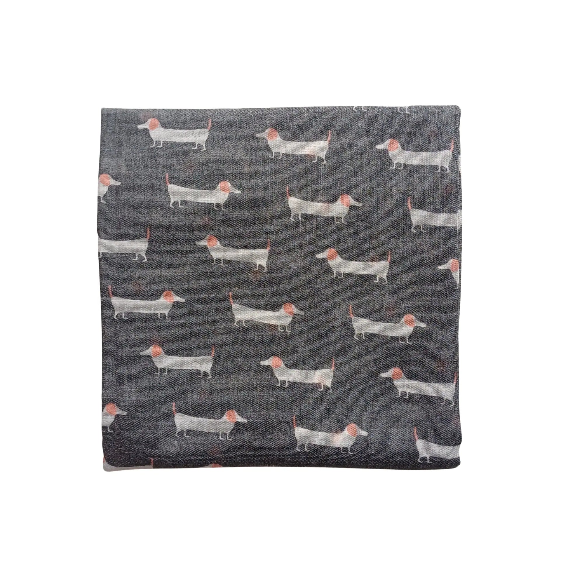 Charcoal grey sausage dog scarf with dachshund print on white background