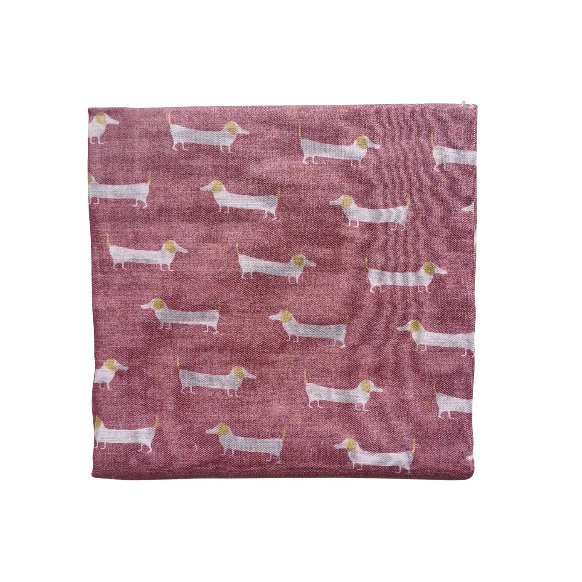 Deep red sausage dog scarf with white dachshund pattern on white background