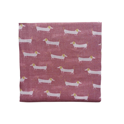 Deep red sausage dog scarf with white dachshund pattern on white background