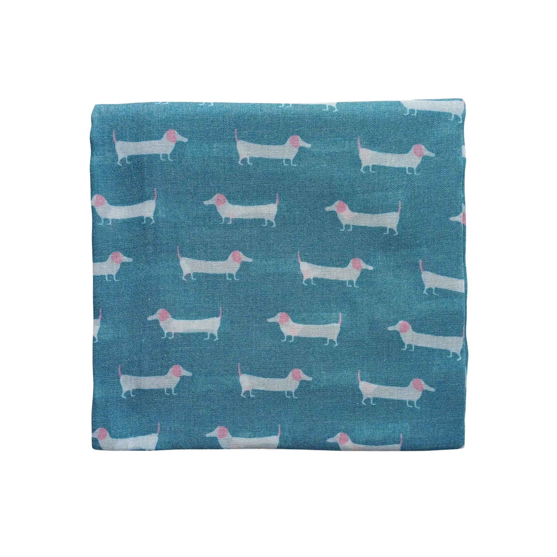Teal sausage dog scarf featuring white dachshund print on white background