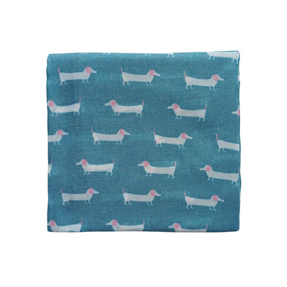 Teal sausage dog scarf featuring white dachshund print on white background