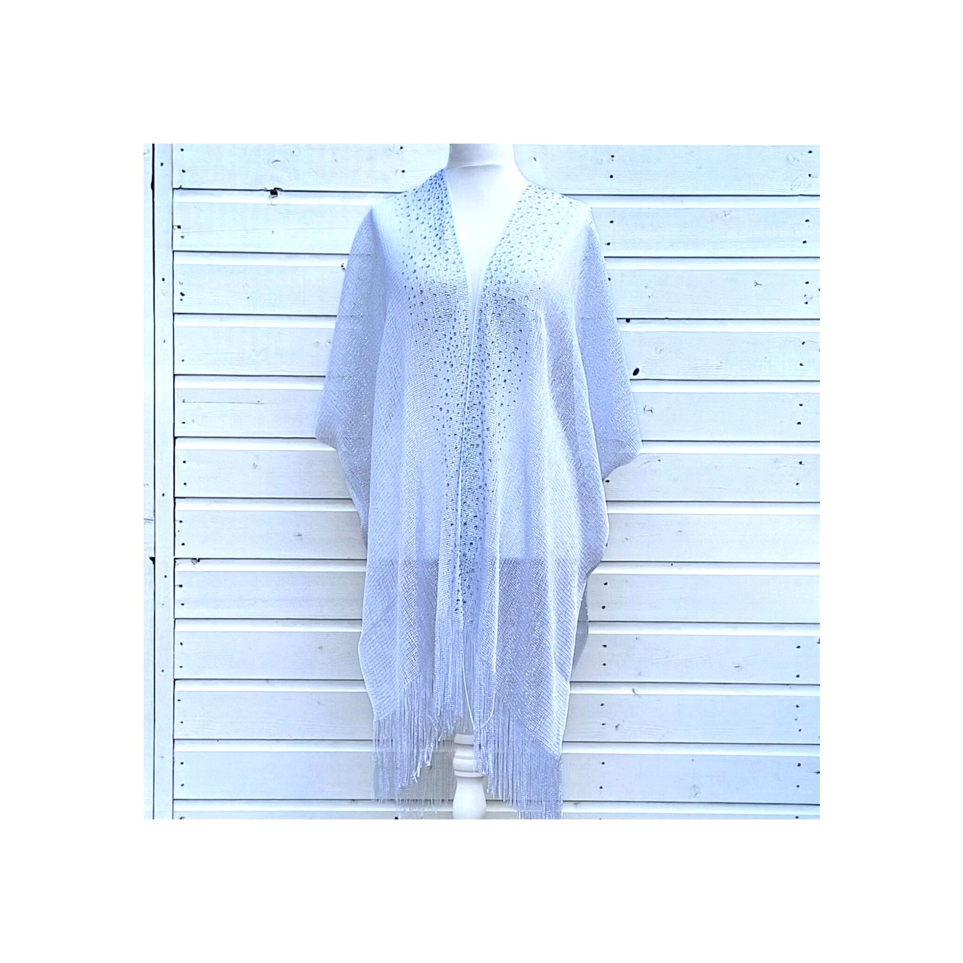 Silver sparkly lace kimono cover‑up with crystal shimmer and fringe, plus‑size friendly layer for beach, festival or lounge.