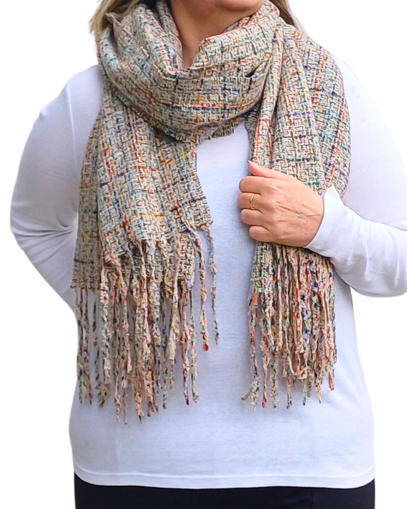 Soft woven grey winter scarf with tassels from Auroras Array wrapped around the neck ideal for winter layering