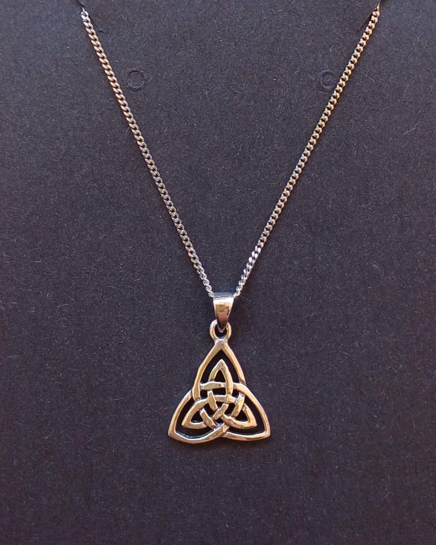 Sterling silver Celtic triangle pendant with trinity knot design on rhodium-plated chain