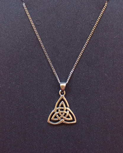 Sterling silver Celtic triangle pendant with trinity knot design on rhodium-plated chain