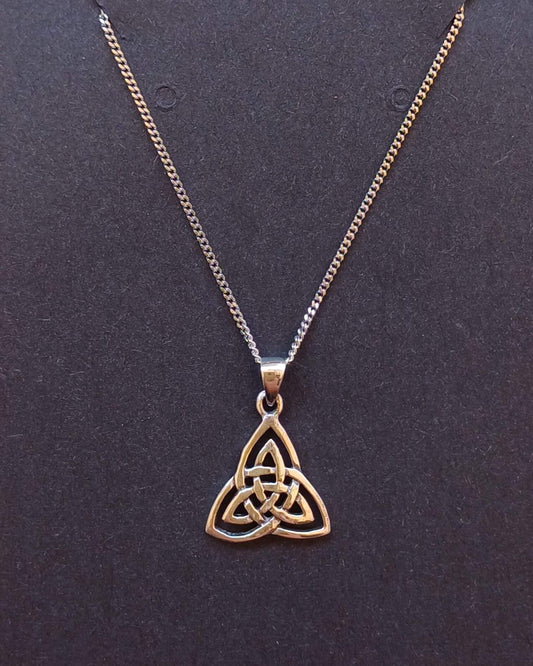 Sterling silver Celtic triangle pendant with trinity knot design on rhodium-plated chain