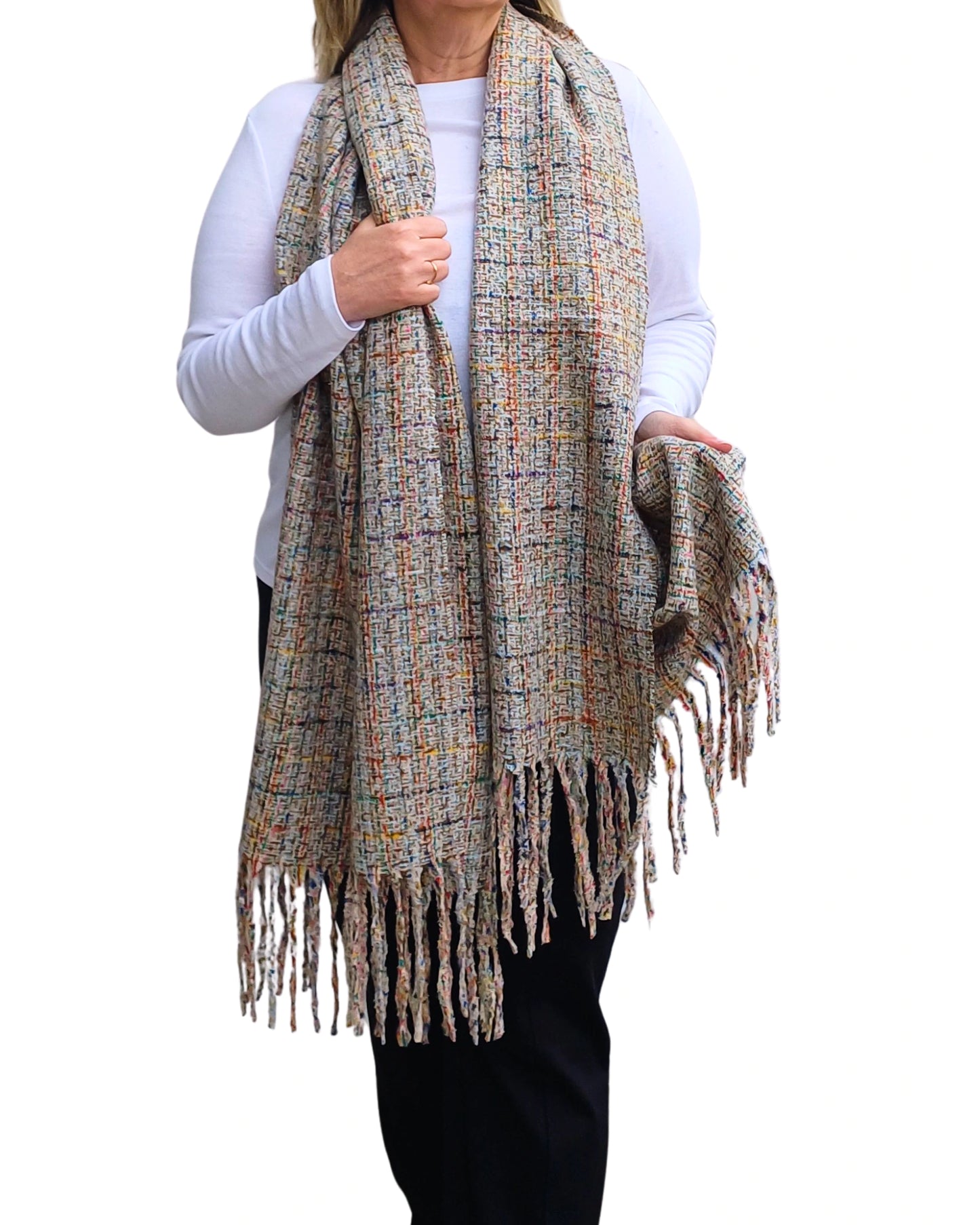 Grey mix tweed blanket scarf with tassels, displayed full length on model.