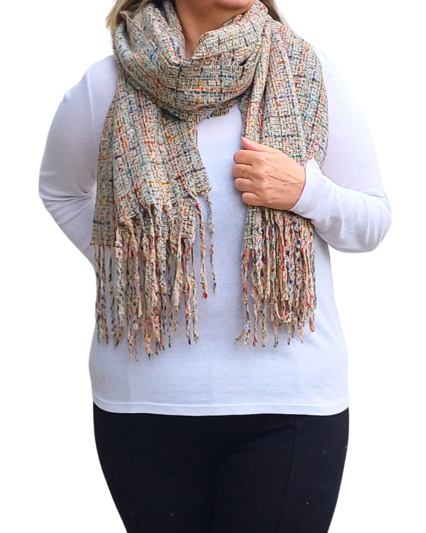 Grey mix tweed blanket scarf styled casually around the neck