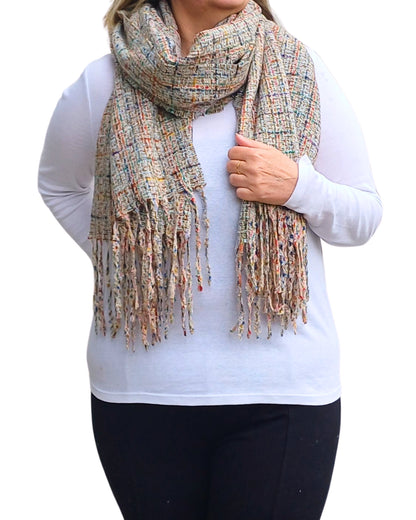 Grey mix tweed blanket scarf styled casually around the neck
