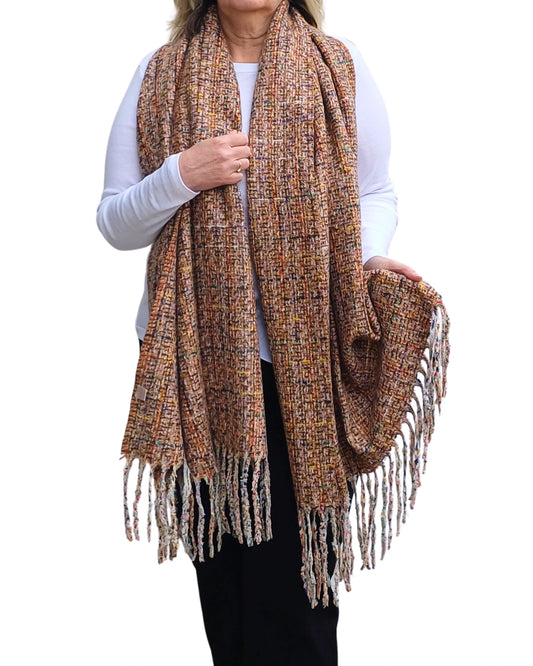 Taupe beige mix tweed blanket scarf with tassels, shown in full length.