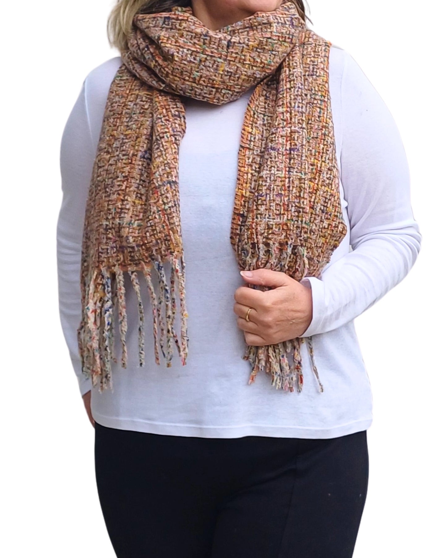 Taupe beige mix tweed blanket scarf wrapped around the neck.