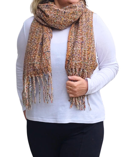 Taupe beige mix tweed blanket scarf wrapped around the neck.