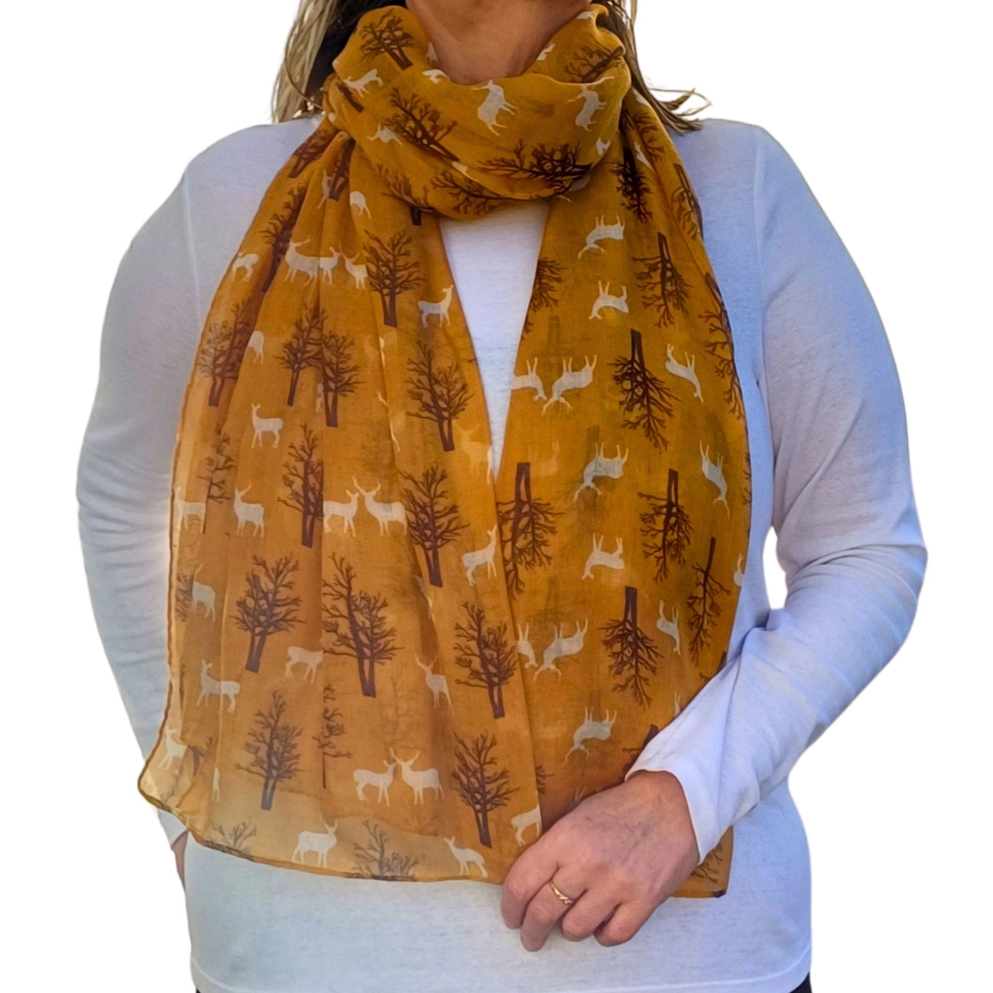 mustard winter deer scarf on model auroras array