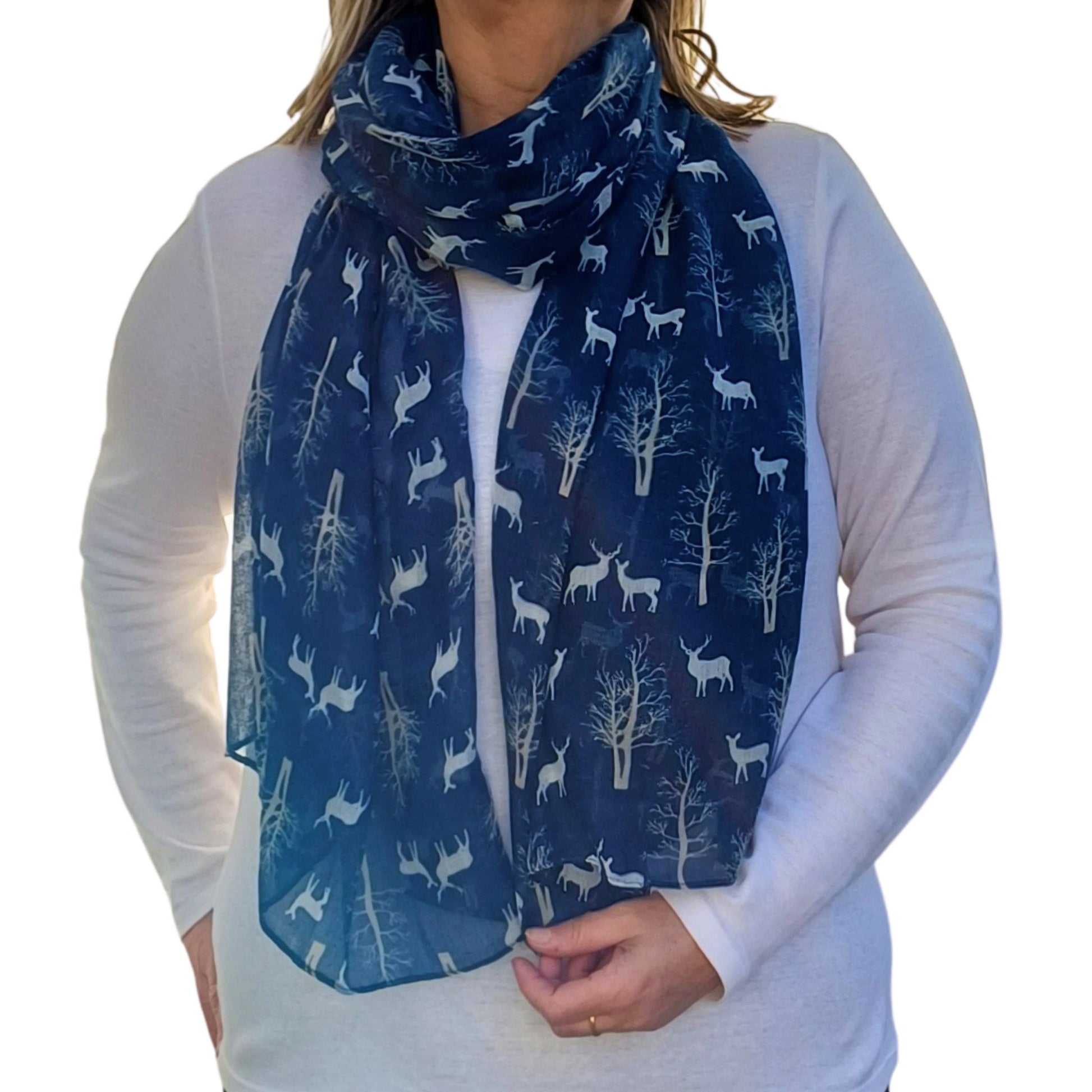 navy winter deer scarf on model auroras array