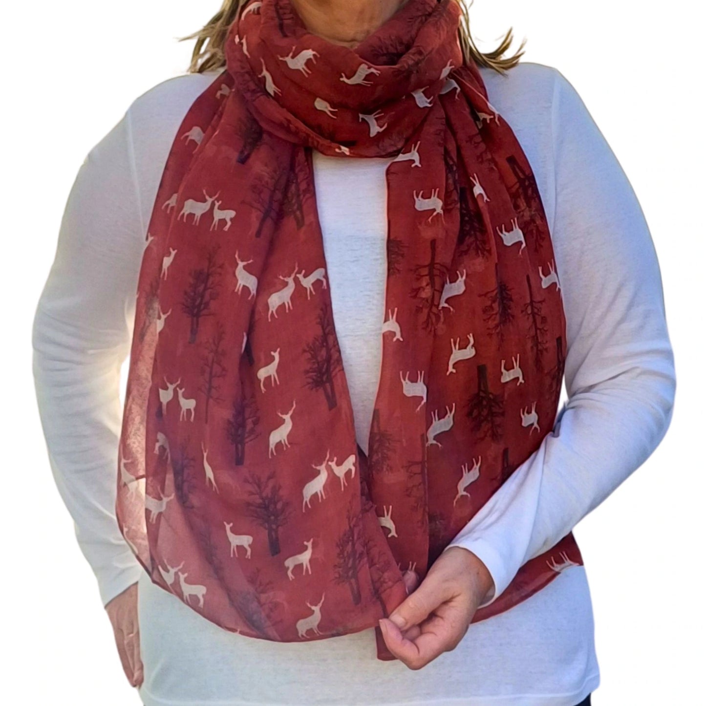 rust winter deer scarf on model auroras array