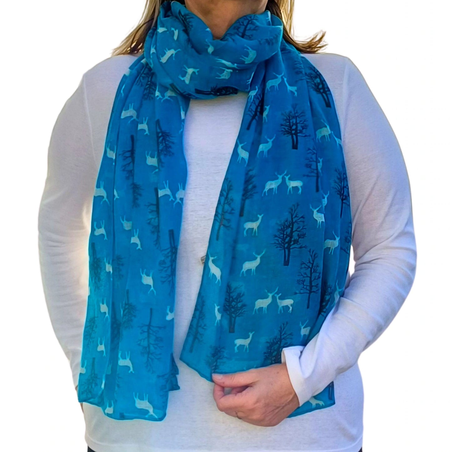 turquoise winter deer scarf with forest design lightweight polyester scarf for gifting