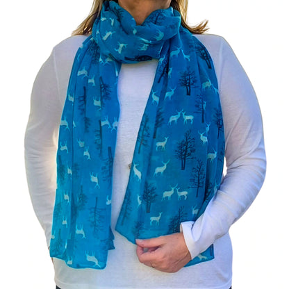 turquoise winter deer scarf with forest design lightweight polyester scarf for gifting