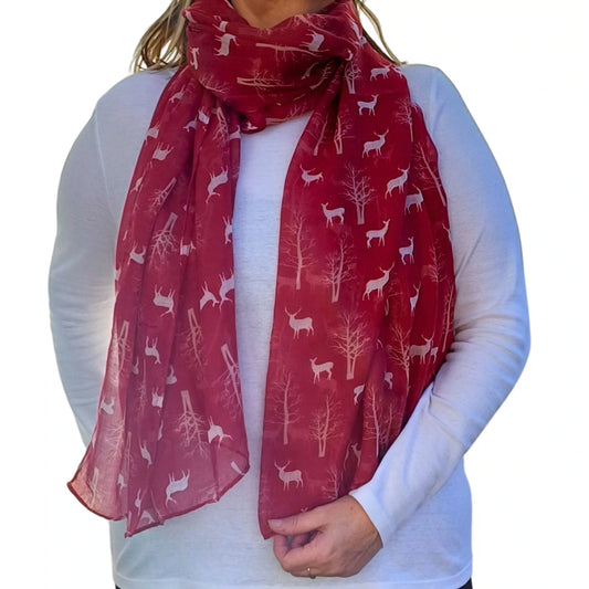 wine red winter deer scarf on model auroras array