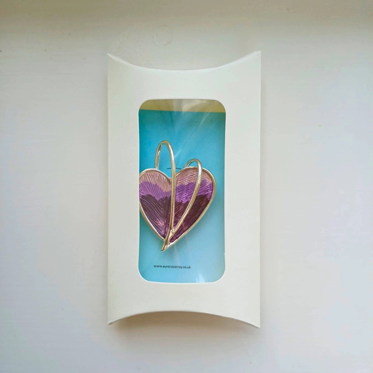 wrapped heart magnetic brooch in white pillow box