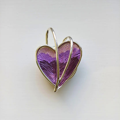 wrapped heart magnetic brooch purple on wooden background